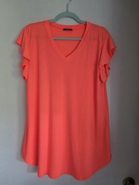 HEIMISH USA Neon Coral V-Neck Flutter Sleeve Tunic 1x